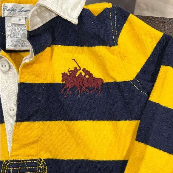 Ralph Lauren Rugby One Piece Yellow Navy Striped Polo 12M - Picture 3 of 5